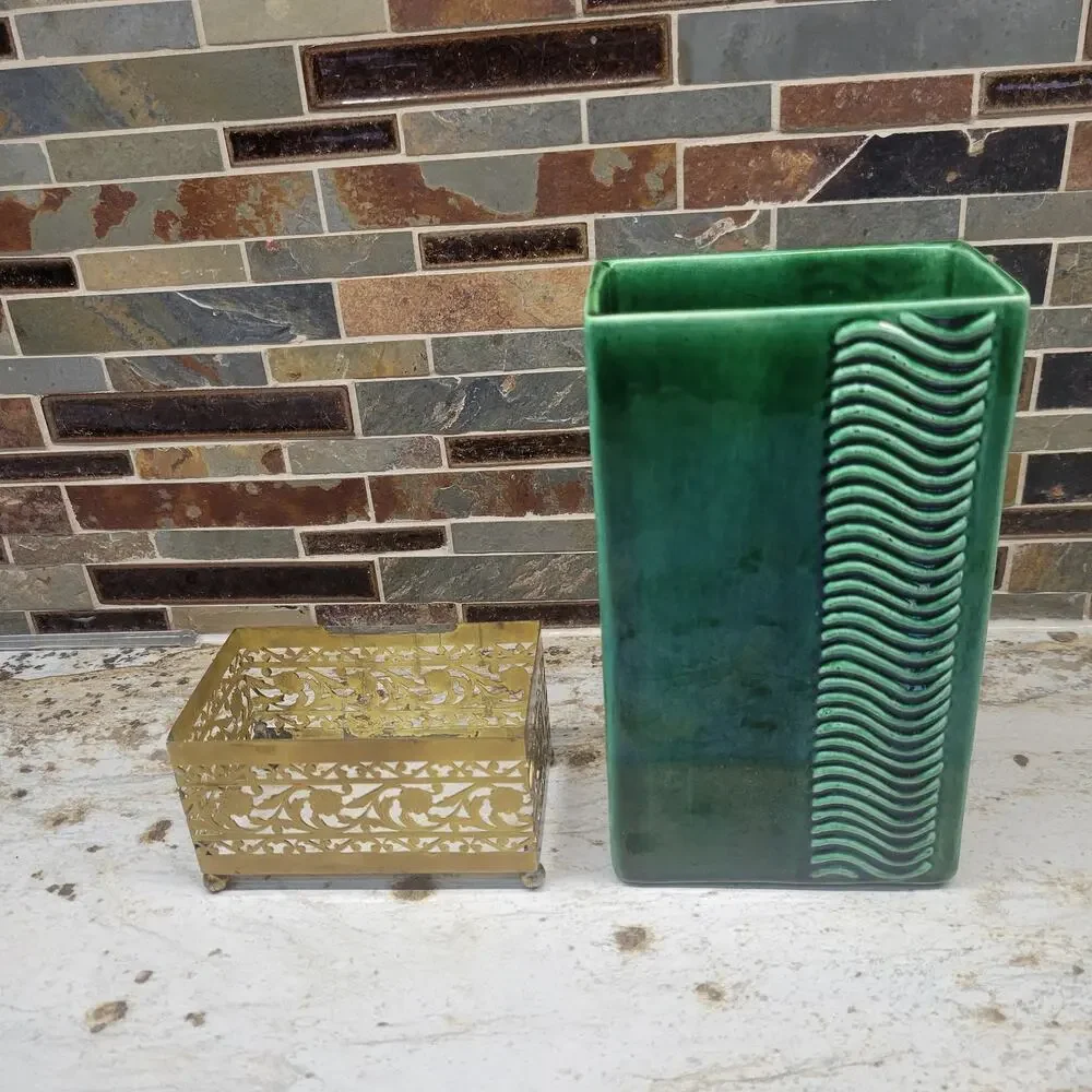 Vintage Mid Century Green Ceramic Vase Gold Metal Pierced Stand Art Deco MCM